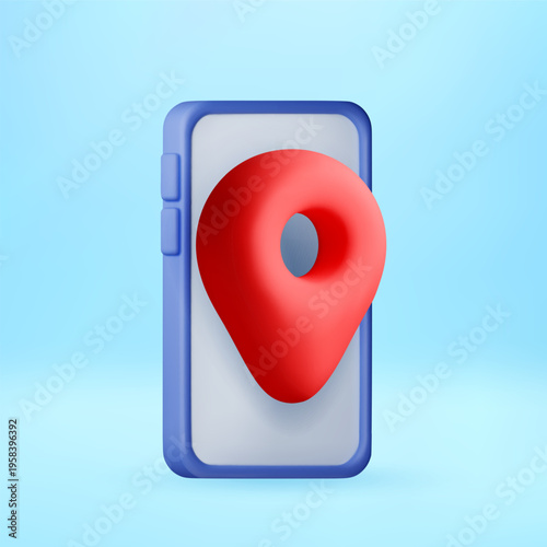 3D Red map pin on mobile phone screen. 3D illustration of smartphone navigation and geolocation. Digital route planning tool for map service. Online tracking system and travel. Vector illustration