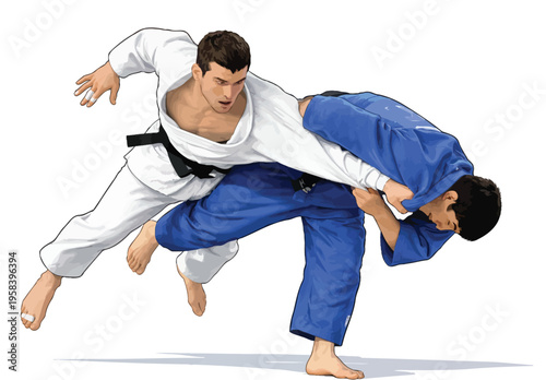 074-41-Two judokas engaged in a grappling move, demonstrating a throw in combat sport