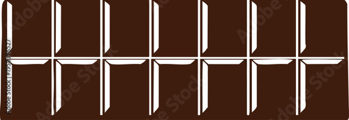 A detailed close-up illustration of a dark chocolate bar broken into twelve rectangular pieces, showcasing its rich texture and segmented design