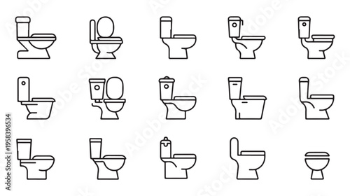 Line art illustrations of various toilet designs representing bathroom fixtures and plumbing elements