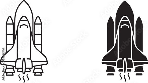 Space shuttle launching, rocket boosters, icons in outline and solid black fill