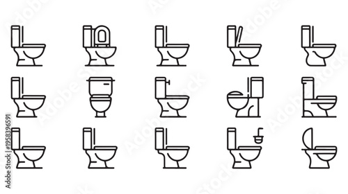 Collection of various toilet icons representing different styles and designs for modern bathrooms clean and simple