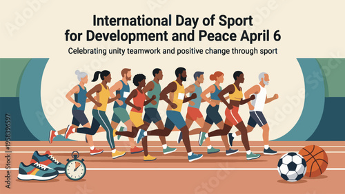 Diverse group of people running on a track celebrating the International Day of Sport for Development and Peace on April 6.