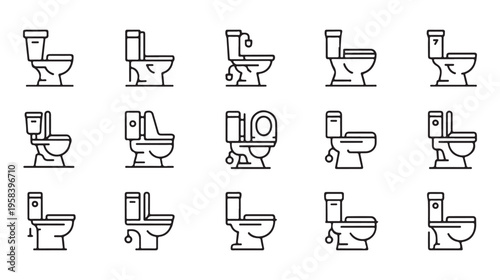 Set of minimalist toilet icons in outline style representing different types of bathroom fixtures and sanitation equipment
