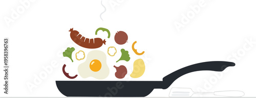 Freshly Cooked Sausage and Fried Egg with Colorful Vegetables in a Frying Pan, Ready to Serve