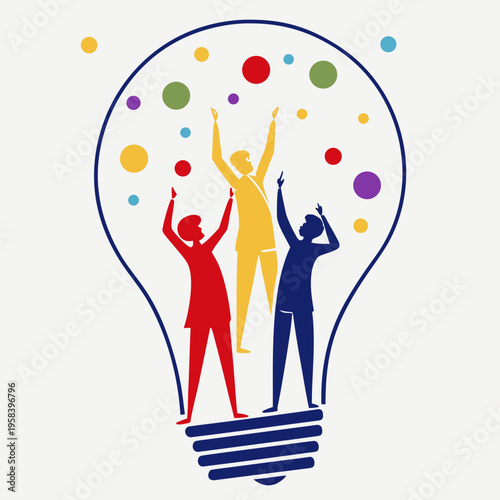 Creative lightbulb concept featuring three human silhouettes reaching for colorful floating dots symbolizing group brainstorming and innovative ideas