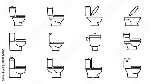 Collection of toilet bowl line icons featuring different shapes and lid positions for modern bathroom layout