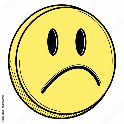 Sad face yellow coin icon showing unhappy facial expression with downturned mouth and oval eyes in simple hand drawn cartoon style for web design