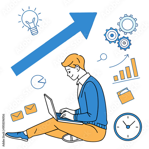 Young man working on laptop for business growth, with up arrow, lightbulb, chart, gears, clock, mail, and folder icons