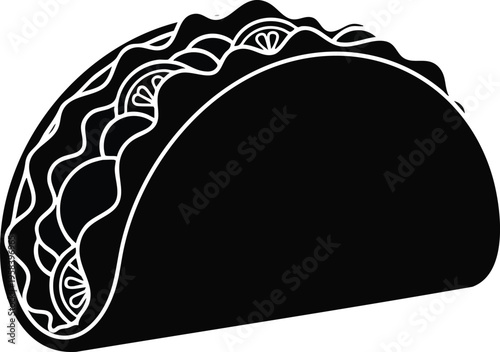 A black and white vector illustration of a single taco filled with ingredients, perfect for food-related graphics and designs