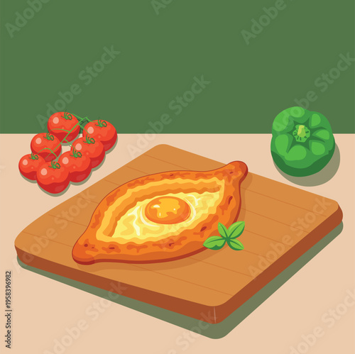 Delicious khachapuri Adjaruli with egg yolk and melted cheese, Georgian cuisine illustration