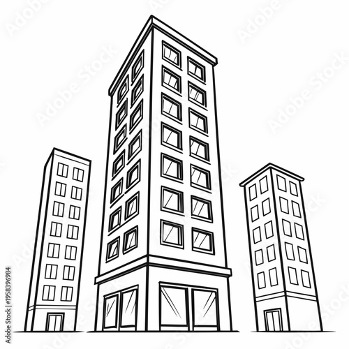 Sketched high rise buildings vector illustration in perspective view with black outlines and white windows representing urban city architecture art
