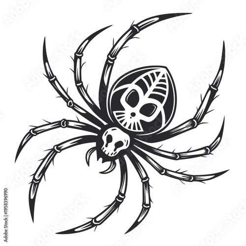 Abstract monochrome spider in vintage style, with skull and skeleton on its body, black and white tattoo design or emblem, vector art