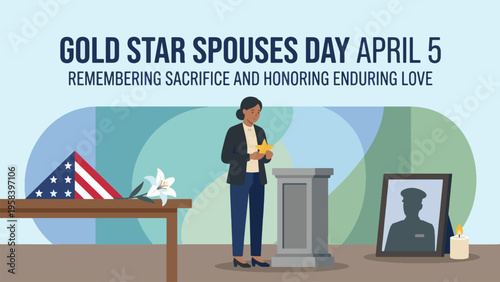 Gold Star Spouses Day April 5 Tribute Illustration, Woman Holding Portrait in Memorial Setting, Honoring Sacrifice Love and Remembrance Concept Flat Vector Design