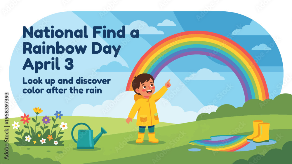 Naklejka premium An illustration for National Find a Rainbow Day on April 3rd, showing a child in a yellow raincoat pointing at a vibrant rainbow over a green landscape with flowers and puddles.