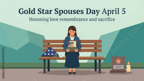 A woman sits on a park bench holding a framed photo of a soldier, with a folded American flag beside her and a tombstone with a lit candle nearby, commemorating Gold Star Spouses Day.