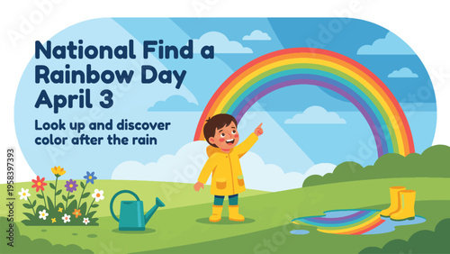 An illustration for National Find a Rainbow Day on April 3rd, showing a child in a yellow raincoat pointing at a vibrant rainbow over a green landscape with flowers and puddles.