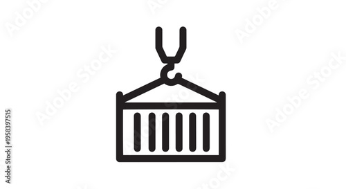 Vector illustration of a shipping container lifted by a crane hook for global logistics and delivery