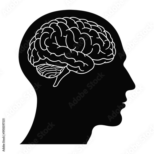 Vector silhouette of a human head with a brain illustration inside