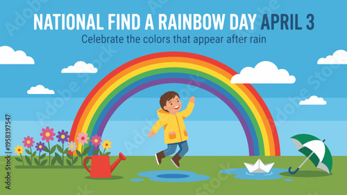 A cheerful child in a yellow raincoat jumps in a puddle under a vibrant rainbow, celebrating National Find a Rainbow Day on April 3rd, with flowers, a watering can, paper boat, and umbrella in a sunny