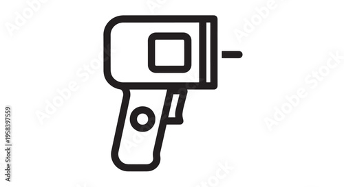 Simple black and white vector graphic illustration representing a contactless digital infrared thermometer gun icon