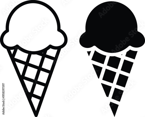 Black and white ice cream cone vector icon set for dessert menus, summer promotions, and sweet treat designs