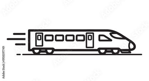 Simple black line art vector illustration of a modern high speed bullet train moving quickly forward