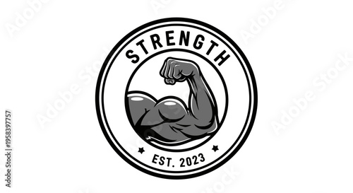 Strength and fitness logo with flexing arm and text EST. 2023
