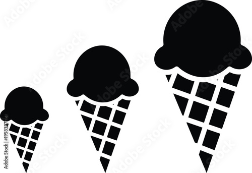 Set of 3 black ice cream cone icons vector in varying sizes for dessert menus and summer designs