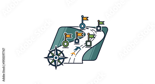 Business strategy road map with flags, compass and arrows showing progress