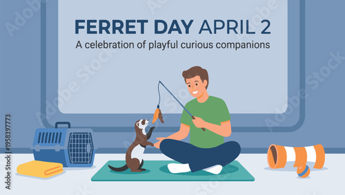 A man playing with a ferret on Ferret Day, April 2nd, celebrating playful curious companions.