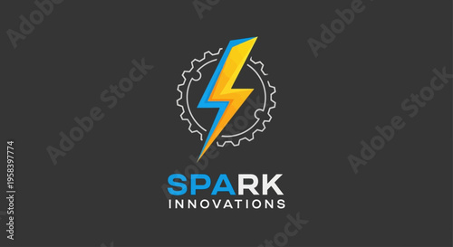 Modern spark logo design with gear and text Spark Innovations