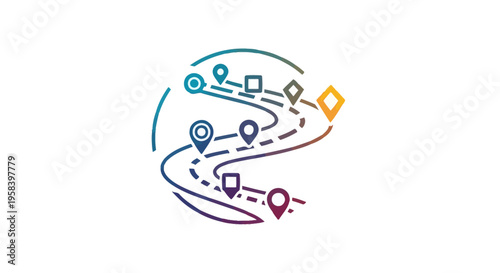 Abstract route with location pins and shapes on a white background.