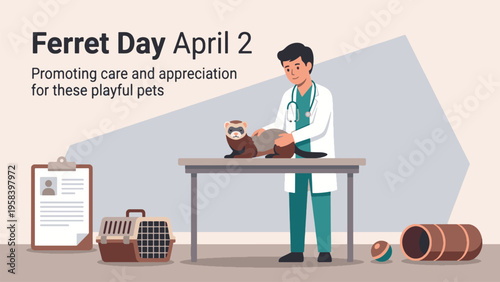 A veterinarian examines a ferret on a table, promoting care and appreciation for these playful pets on Ferret Day April 2.