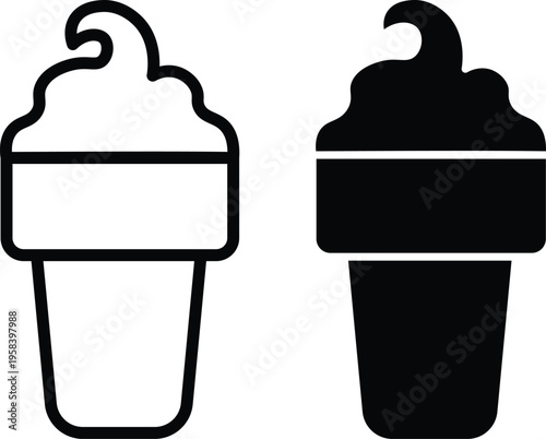 Set of 2 ice cream cone icons vector, black and white dessert graphic elements for menus and apps