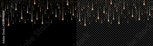 Realistic starfall isolated on black and transparent background. Stars, glitter, sparkles fireworks falling down. Festive celebration element. Vector illustration