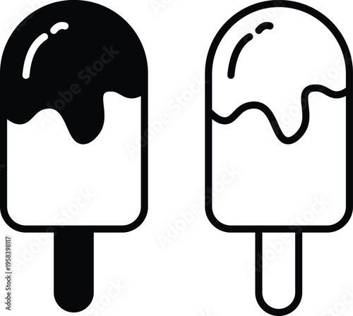 Set of 2 ice cream bar icons vector, black and white outline and solid fill designs