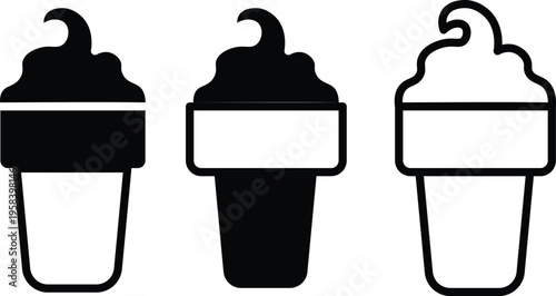 Set of 3 black and white ice cream cone vector icons for dessert menus and summer treats