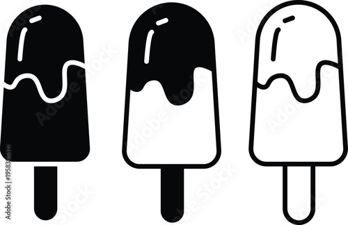 Set of 3 black and white popsicle vector icons with melting chocolate or frosting drip design
