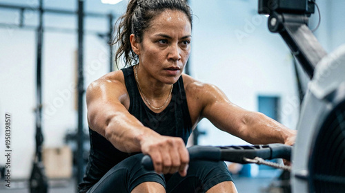 Determined woman rowing on a machine during a workout in a gym.