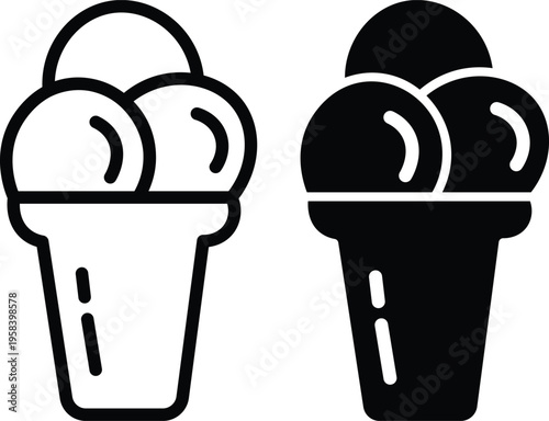 Set of 2 ice cream cone icons vector, featuring three scoops in outline and solid black styles