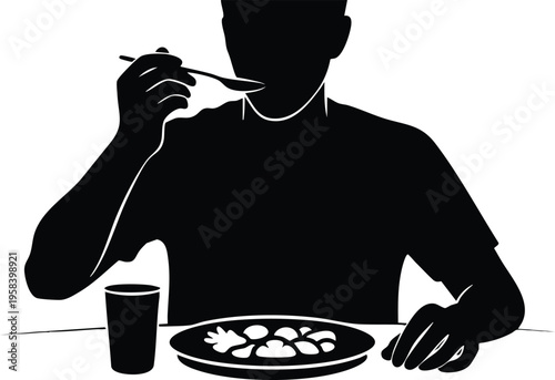Person Eating a Meal with Spoon and Glass of Water on a Table