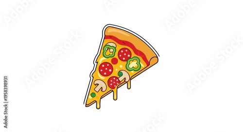 Vector illustration of a delicious pizza slice with melted cheese and toppings.