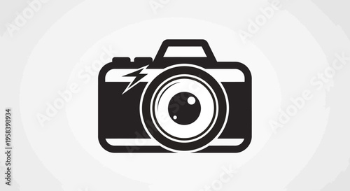 Minimalist black and white digital photo camera icon with flash symbol