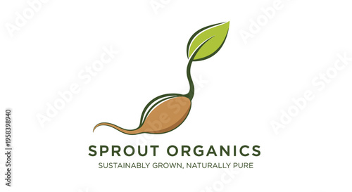 Organic sprout logo with sustainable green seed growth illustration on white background.