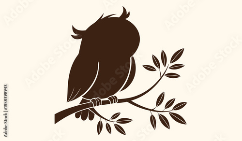 Owl on tree branch silhouette, night bird wildlife illustration, wise owl nature mascot, bird of prey logo, forest nocturnal animal art, minimalist owl branch design, wisdom and knowledge symbol
