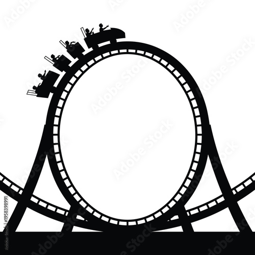 A black silhouette of a looping roller coaster ride with passengers