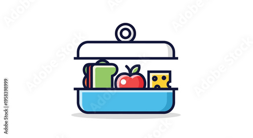 Healthy lunch box icon with sandwich, apple, and cheese on a white background
