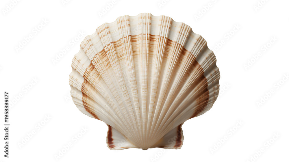 Fototapeta premium Large scallop seashell with brown stripes isolated on transparent white background png
