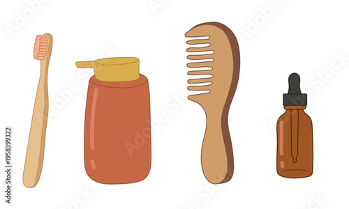 Bathroom essential set with bamboo toothbrush, soap and serum